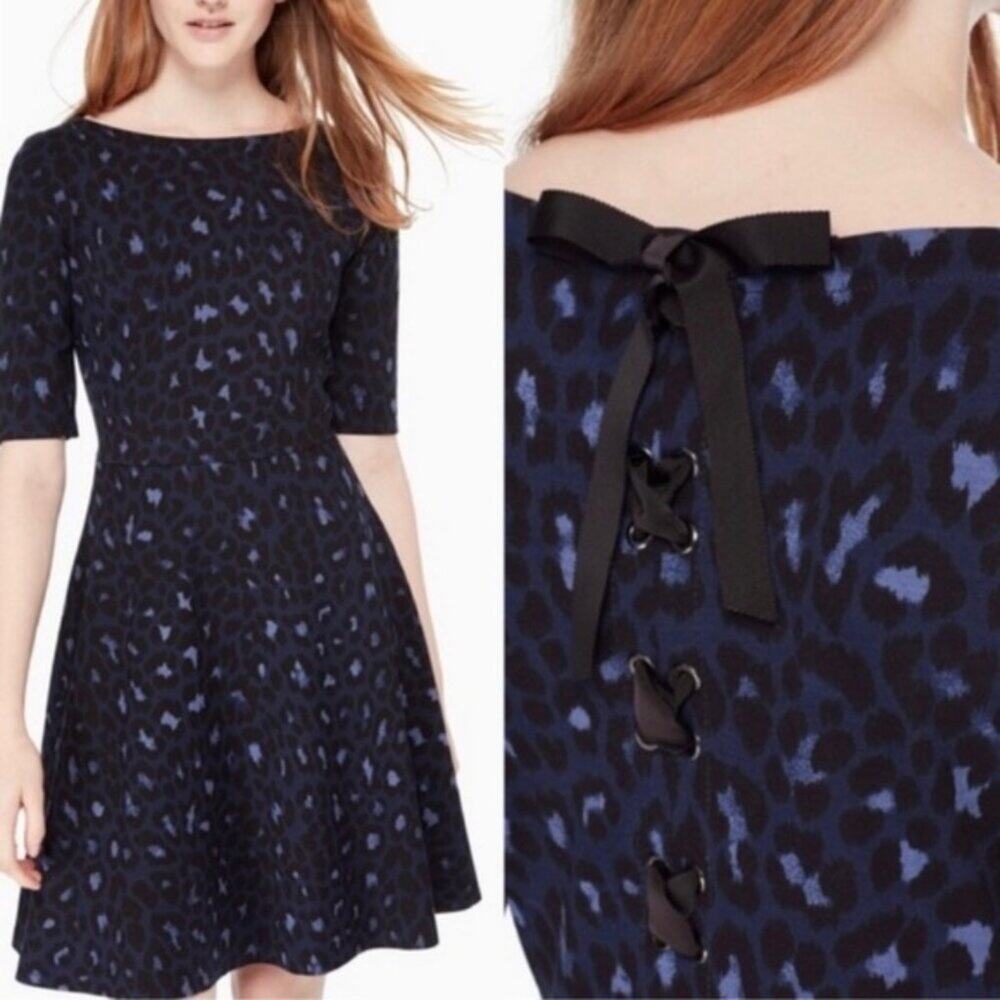 Kate Spade Blue Broome Street Leopard Lace‎ Up Ponte Fit & Flare Dress Sz S Glam